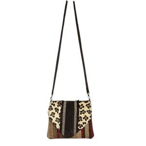 New Boho Tapestry Crossbody Purse Animal Fur Leopard Print Black w/ Leather